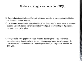  Categoria 2.  Suporta velocidade de transmissão até 4Mbps e é  constituído por quatro pares entrelaçados.