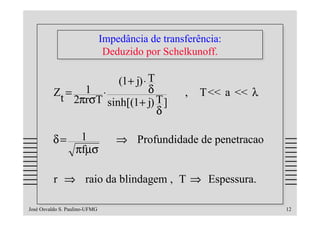 Impedância de transferência:
                                Impedância de transferência:
                                Deduzido por Schelkunoff.
                                 Deduzido por Schelkunoff.

                      (1+ j) ⋅ T
          Z = 1 ⋅              δ                   ,   T<< a << λ
           t 2πrσT sinh[(1+ j) T ]
                                 δ

         δ=         1              ⇒ Profundidade de penetracao
                   πfµσ

          r ⇒ raio da blindagem , T ⇒ Espessura.

José Osvaldo S. Paulino-UFMG                                        12
 