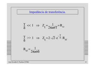 Impedância de transferência.
                                Impedância de transferência.


                    T << 1 ⇒ Z ≈ 1 = R
                    δ         t 2πaσT  cc



                                                     −T
                    T >> 1 ⇒ Z ≈ 2 ⋅             2 ⋅e δ ⋅ R
                    δ         t                               hf



                    R hf =        1
                                2πaσδ

José Osvaldo S. Paulino-UFMG                                       13
 