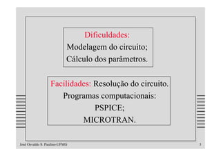 Dificuldades:
                           Modelagem do circuito;
                           Cálculo dos parâmetros.

                  Facilidades: Resolução do circuito.
                     Programas computacionais:
                               PSPICE;
                           MICROTRAN.

José Osvaldo S. Paulino-UFMG                            3
 
