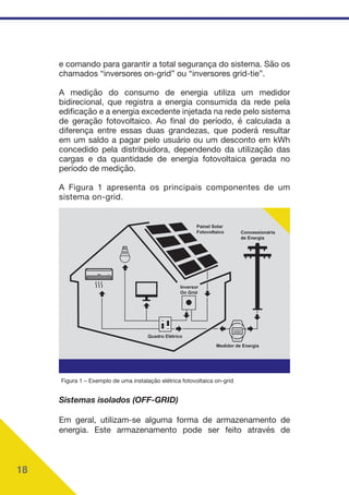 18
e comando para garantir a total segurança do sistema. São os
chamados “inversores on-grid” ou “inversores grid-tie”.
A medição do consumo de energia utiliza um medidor
bidirecional, que registra a energia consumida da rede pela
edificação e a energia excedente injetada na rede pelo sistema
de geração fotovoltaico. Ao final do período, é calculada a
diferença entre essas duas grandezas, que poderá resultar
em um saldo a pagar pelo usuário ou um desconto em kWh
concedido pela distribuidora, dependendo da utilização das
cargas e da quantidade de energia fotovoltaica gerada no
período de medição.
A Figura 1 apresenta os principais componentes de um
sistema on-grid.
Painel Solar
Fotovoltaico Concessionária
de Energia
Medidor de Energia
Inversor
On Grid
Quadro Elétrico
Figura 1 – Exemplo de uma instalação elétrica fotovoltaica on-grid
Sistemas isolados (OFF-GRID)
Em geral, utilizam-se alguma forma de armazenamento de
energia. Este armazenamento pode ser feito através de
 