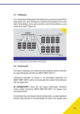 25
4.1 Utilização
Umcaboparainstalaçõesfotovoltaicaséumprodutoespecífico
para esse uso, que interliga os módulos fotovoltaicos em uma
série fotovoltaica, e/ou que conecta a série fotovoltaica a uma
caixa de junção (Figura 3).
p/ inversor
CABOS
FOTOVOLTAICOS
p/ inversor
p/ inversor
p/ inversor
Figura 3 - Aplicações dos cabos elétricos fotovoltaicos
4.2 Construção
Os cabos utilizados em sistemas fotovoltaicos devem atender
às especificações da Norma ABNT NBR 16612 [2]
.
Conforme indicado na Figura 4, os principais requisitos da
ABNT NBR 16612 sobre a construção dos cabos fotovoltaicos
são as seguintes:
A) CONDUTOR(1)
: deve ser de cobre estanhado, têmpera
mole e estar conforme ABNT NBR NM 280 [3]
na classe 5 de
encordoamento.
Ocondutordeveserclasse5deencordoamento,ouseja,bastante
flexível, para permitir a movimentação do cabo, sem quebra dos
 