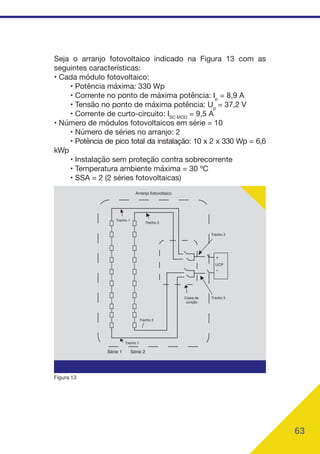 63
Seja o arranjo fotovoltaico indicado na Figura 13 com as
seguintes características:
• Cada módulo fotovoltaico:
• Potência máxima: 330 Wp
• Corrente no ponto de máxima potência: Ip
= 8,9 A
• Tensão no ponto de máxima potência: Up
= 37,2 V
• Corrente de curto-circuito: ISC MOD
= 9,5 A
• Número de módulos fotovoltaicos em série = 10
• Número de séries no arranjo: 2
• Potência de pico total da instalação: 10 x 2 x 330 Wp = 6,6
kWp
• Instalação sem proteção contra sobrecorrente
• Temperatura ambiente máxima = 30 ºC
• SSA = 2 (2 séries fotovoltaicas)
Arranjo fotovoltaico
Série 1 Série 2
Trecho 1
Trecho 1
Trecho 2
Trecho 2
Trecho 3
Trecho 3
Caixa de
Junção
UCP
Figura 13
 