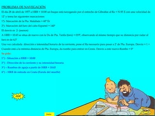 PROBLEMA DE NAVEGACIÓN
El día 28 de abril de 1977 a HRB = 10:00 un buque está navegando por el estrecho de Gibraltar al Ra = N 85 E con una velocidad de
12’ y toma las siguientes marcaciones:
1ª)- Marcación de la Pta. Malabata = 60º Er
2º)- Marcación del faro del cabo Espartel = 140º
El desvío es 2- (menos)
A HRB = 10:45 se situa de nuevo con la Da de Pta. Tarifa (faro) = 019º, observando al mismo tiempo que su distancia por radar al
faro es de 4,5’
Una vez calculada dirección e intensidad horaria de la corriente, pone el Ra necesario para pasar a 2’ de Pta. Europa. Desvío = 1 +
Cuando está a la mínima distancia de Pta. Europa, da rumbo para entrar en Ceuta. Desvío a este nuevo Rumbo = 0º
Se pide:
1º) - Situación a HRB = 10:00
2º) - Dirección de la corriente y su intensidad horaria
3º) – Rumbos de aguja a partir de HRB = 10:45
4º) – HRB de entrada en Ceuta (Farola del muelle)
CLIC
Indice
 