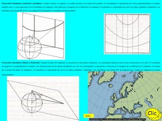 Proyección Gnomónica ecuatorial o meridiana: Cuando el plano es tangente a la esfera terrestre en un punto del ecuador. Los meridianos se representan por rectas perpendiculares al ecuador,
también recto, y cuya separación con el meridiano de tangencia viene dada por la tangente de su diferencia en longitud. Los paralelos se representan por arcos de elipse, parábola o hipérbola. Los
meridianos que distan 90º de ∆L con respecto al de tangencia, no pueden ser representados.
Proyección Gnomónica oblicua u horizontal: Cuando el punto de tangencia se encuentra en una latitud cualquiera. Los meridianos aparecen como rectas concurrentes en el polo. El meridiano
de tangencia es perpendicular al ecuador y las intersecciones de los demás meridianos con este van aumentando su separación en función de la tangente de su diferencia de Longitud y la secante
de la latitud del punto de tangencia. Los paralelos se representan por arcos de elipse, parábola o hipérbola. Los meridianos que distan 90º de longitud con el punto de tangencia no tienen
representación.
ClicClicIndice
 