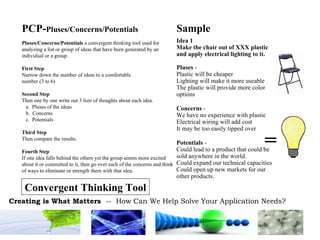 PCP- Pluses/Concerns/Potentials Pluses/Concerns/Potentials  a convergent thinking tool used for analyzing a list or group of ideas that have been generated by an individual or a group. First Step Narrow down the number of ideas to a comfortable  number (3 to 6) Second Step Then one by one write out 3 lists of thoughts about each idea. Pluses of the ideas Concerns Potentials Third Step Then compare the results. Fourth Step If one idea falls behind the others yet the group seems more excited about it or committed to it, then go over each of the concerns and think of ways to eliminate or strength them with that idea. Sample = Idea 1 Make the chair out of XXX plastic and apply electrical lighting to it. Pluses  -  Plastic will be cheaper Lighting will make it more useable The plastic will provide more color options  Concerns  -  We have no experience with plastic Electrical wiring will add cost It may be too easily tipped over   Potentials  -  Could lead to a product that could be sold anywhere in the world. Could expand our technical capacities Could open up new markets for our other products. Convergent Thinking Tool 