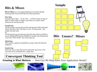 Hits & Misses Hits & Misses  is a convergent thinking tool used for quickly choosing ideas from several that have been generated. First Step Generate many ideas….24, 48, 144…..on Post-It notes or slips of paper or index cards or simply write them on a surface where everyone can see them easily. Second Step Tell the group to go up and scan the total group of ideas and mark which ones their “gut” tells them is a hit.  No discussion.  Just simply read and react. Or Tell the group to go up and move the ideas they think are HITS to an area labeled HITS and the MISSES to another area labeled thus.  Leave the “NOT SURE” ones where they are. Third Step Then discuss, organize by popularity, group, cluster the ideas by categories. Fourth Step Select the one or more that can be used at the same time or the ones that can be combined into a single idea Sample Hits Unsure? Misses Convergent Thinking Tool 
