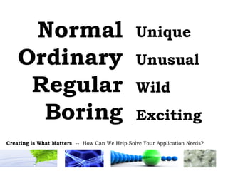 Normal Ordinary Regular Boring Unique Unusual Wild Exciting 