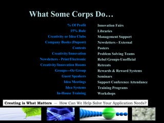 % Of Profit 15% Rule Creativity or Idea Clubs Company Books (Dupont) Contests Creativity/Innovation Newsletters - Print/Electronic Creativity/Innovation Rooms Groups---Oz Group Guest Speakers Idea Meetings Idea Systems In-House Training Innovation Fairs Libraries Management Support Newsletters - External Posters Problem Solving Teams Rebel Groups-Unofficial Retreats Rewards & Reward Systems Seminars Support Conference Attendance Training Programs Workshops What Some Corps Do… 