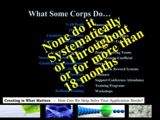 % Of Profit 15% Rule Creativity or Idea Clubs Company Books (Dupont) Contests Creativity/Innovation Newsletters - Print/Electronic Creativity/Innovation Rooms Groups---Oz Group Guest Speakers Idea Meetings Idea Systems In-House Training Innovation Fairs Libraries Management Support Newsletters - External Posters Problem Solving Teams Rebel Groups-Unofficial Retreats Rewards & Reward Systems Seminars Support Conference Attendance Training Programs Workshops What Some Corps Do… None do it  Systematically or Throughout or for more than 18 months 