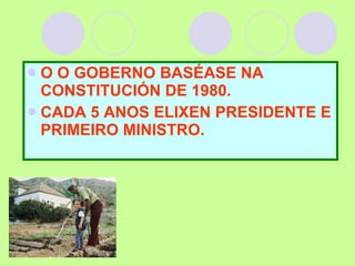 O O GOBERNO BASÉASE NA CONSTITUCIÓN DE 1980. CADA 5 ANOS ELIXEN PRESIDENTE E PRIMEIRO MINISTRO. 