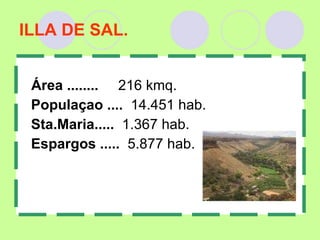 ILLA DE SAL. Área ........  216 kmq. Populaçao ....   14.451 hab. Sta.Maria.....   1.367 hab. Espargos .....   5.877 hab.  