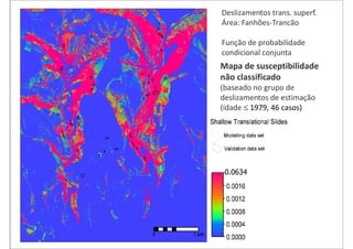 Deslizamentos trans. superf.
Área: Fanhões-Trancão

Função de probabilidade
condicional conjunta
Mapa de susceptibilidade
não classificado
(baseado no grupo de
deslizamentos de estimação
(idade  1979, 46 casos)




 0.0634
 