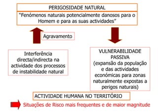 PERIGOSIDADE NATURAL
   “Fenómenos naturais potencialmente danosos para o
          Homem e para as suas actividades”


              Agravamento


                                      VULNERABILIDADE
       Interferência
                                           PASSIVA
   directa/indirecta na
                                   (expansão da população
actividade dos processos
                                       e das actividades
 de instabilidade natural
                                    económicas para zonas
                                   naturalmente expostas a
                                       perigos naturais)
          ACTIVIDADE HUMANA NO TERRITÓRIO
     Situações de Risco mais frequentes e de maior magnitude
 
