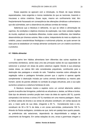 PRODUÇÃO DE CABRA DE LEITE                                       20

      Esses aspectos se agravam com a introdução, no Brasil, de raças leiteiras
especializadas, mais exigentes e menos resistentes do que as nacionais, trazendo o
insucesso a vários criatórios. Essas raças, mesmo em confinamento total, têm
freqüentemente fracassado em conseqüência das alterações climáticas e alimentares a
que são submetidas, sem a observância de práticas corretas de manejo.
      Salienta-se que a literatura é deficiente, no que se refere à alimentação de
caprinos. As condições e objetivos diversos da exploração, nas mais variadas regiões
do mundo, explicam os resultados diferentes, muitas vezes conflitantes, dos trabalhos
desenvolvidos por diversos autores. Mas a cabra, independente do meio ou objetivo do
criatório, possui características fisiológicas e nutricionais próprias, as quais servem de
base para se estabelecer um manejo alimentar condizente com um criatório econômico
e produtivo.


4.1 Hábito alimentar


      O caprino tem hábitos alimentares bem diferentes das outras espécies de
ruminantes domésticos, sendo essa uma das principais razões de sua capacidade de
sobreviver e produzir em áreas de pobre cobertura vegetal. Devido à sua presença
nestas áreas, as cabras têm sido consideradas prejudiciais, contribuindo para a
destruição das pastagens e erosão do solo. Trabalhos recentes sobre utilização da
vegetação nativa e pastagens formadas provam que o caprino é apenas agente
complementar à destruição iniciada por outros animais domésticos ou mesmo pelo
homem, sendo de grande utilidade no combate às pragas arbustivas, pois a sua ação
aumenta e preserva a cobertura herbácea do solo.
      A literatura revisada mostra a espécie como um animal altamente seletivo
quanto à escolha das forrageiras, preferindo as arbustivas e, destas, as folhas e brotos.
Este tipo de alimento constitui porção bem maior da dieta do caprino (60 %), quando
comparada à de bovinos e ovinos (10 %) mantidos em uma mesma pastagem. Assim,
as folhas caídas de árvores e as ramas de arbustos constituem, em certas épocas do
ano, a maior parte de sua dieta, chegando a 83 %.             Considerando todo o ano,
constituem de 38 a 50 % de dieta, e em zonas semi-áridas, praticamente 100 %.
Através da fístula esofagiana, constatou-se que, tanto em pastejo leve quanto pesado,
as preferências são estacionais, dependendo da disponibilidade e estágio de
crescimento da forrageira. Em certas estações do ano, ervas e gramíneas chegam a


                                 Adelmo Ferreira de Santana
 