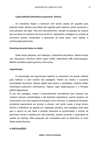 PRODUÇÃO DE CABRA DE LEITE                                  35



       Capim-elefante (Penisetum purpureum Schum)


       As variedades Napier e Camerum vêm sendo usadas em piquetes para
pastoreio direto. Apenas suas folhas são ingeridas pelos caprinos, sendo necessário o
corte periódico dos talos. Para bom aproveitamento, manejar os piquetes de maneira
que sua altura se mantenha em torno de 80 cm. Apresentam vantagens no controle de
verminose quando comparadas a gramíneas de porte baixo, mais sujeitas à
contaminação pelas fezes.


Gramínea de porte baixo ou médio


       Estão sendo utilizadas, com destaque, o Brachiaria decumbens, Setaria anceps
(var. Kazungula), Cenchrus ciliaris (capim buffel), Hyparrhenia ruffa (capim-jaraguá),
Mellinis minutiflora (capim-gordura), entre outros.


Leguminosas


       A consorciação com leguminosas rasteiras ou arbustivas é de grande utilidade
para melhorar o valor nutritivo das pastagens. Podem ser citados a Leucaena
leucocephala (leucaena), Glycine wightii (soja perene e variedades), Galactia striata,
Centrosema pubescens (centrosema), Cajanus cajan (feijão-guandu) e a Prosopis
juliflora (algarobeira).
O uso das pastagens mistas é particularmente aconselhável para caprinos que
mostrem menores produtividades e até distúrbios reprodutivos, quando recebem por
muito tempo uma única espécie de forrageira como volumoso. A caatinga do Nordeste,
constituída basicamente por árvores e arbusto, vem sendo usada a longo tempo.
Devido à preferência da espécie por vegetação arbustiva, esta pastagem seria ideal
para o caprino se não fosse a variação estacional na produtividade; o semeio de
gramíneas nativas e exóticas tem sido praticado, visando aumentar a capacidade de
suporte da caatinga. Mais pesquisas são necessárias para se determinar os reais
efeitos destas técnicas.


5. INSTALAÇÕES


                                  Adelmo Ferreira de Santana
 