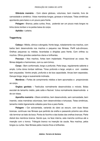 PRODUÇÃO DE CABRA DE LEITE                                  44

      Glândula mamária - Com úbere globoso, volumoso, bem inserido, livre de
carnosidade e simétrico. Veias mamárias longas, grossas e tortuosas. Tetas simétricas
apontando para baixo e um pouco para frente.
      Pelagem - Branca, pelos curtos, finos, podendo ser um pouco mais longos na
linha dorso lombar e na partes baixa do corpo.
      Aptidão - Leiteira.


Toggenburg


      Cabeça - Média, cônica e alongada, fronte larga, notadamente nos machos, com
barba bem desenvolvida nos machos e pequena nas fêmeas. Perfil sub-côncavo.
Orelhas pequenas ou médias, levantadas e dirigidas para frente. Com chifres ou
mochos. Olhos grandes castanhos claros e brilhantes.
      Pescoço - Nos machos, fortes bem implantado. Proporcional ao corpo. Na
fêmea delgado e harmonioso, com ou sem brinco.
      Corpo - Bem conformado, longo e profundo. Peito largo, regulamente saliente e
amplo. Linha dorso lombar retilínea. Tórax profundo e largo, amplo e com costelas
bem arqueadas. Ventre amplo, profundo e de boa capacidade. Ancas bem separadas.
Garupa longa, larga e suavemente inclinada.
      Membros - Fortes de comprimento médios e bem aprumados e proporcionais
ao corpo.
      Orgãos genitais - Testículos normalmente desenvolvidos e móveis. Bolsa
escrotal de tamanho médio, pele solta e flexível. Vulva normalmente desemvolvida e
de cor rósea.
      Aparelho mamário - Úbere simétrico, bem desenvolvido, sem carnosidade, bem
inserido, veias mamárias volumosas, bem desenvolvidas e tortuosas. Tetas simétricas,
tamanho médio ligeramente voltados para fora e para frente.
      Pelagem - Cor acinzentada, variando do claro ao escuro, com duas faixas
brancas, contínuas nas fêmeas que partindo da orelha e passando próximo aos olhos
vão terminar ao lado da boca. Ponta do focinho e das bodas das orelhas brancas. Parte
distral dos membros branca. Sendo que, na face interna, esta mancha continua até a
inserção com o tronco. Triângulo branco na inserção da cauda. Nos machos, pelos
longos ou curtos. Nas fêmeas pelos macios finos e brilhantes.



                                Adelmo Ferreira de Santana
 