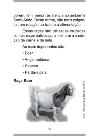 15
porém, têm menor resistência ao ambiente
Semi-Árido. Desta forma, são mais exigen-
tes em relação ao trato e à alimentação.
Essas raças são utilizadas cruzadas
com as raças nativas para melhorar a produ-
ção de carne e de leite.
As mais importantes são:
• Boer.
• Anglo-nubiana.
• Saanen.
• Parda-alpina.
Raça Boer
Foto:FranciscoLuizRibeirodaSilva
 