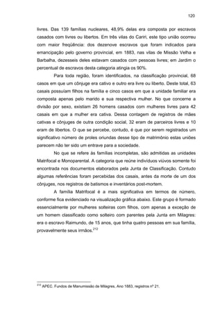 120

livres. Das 139 famílias nucleares, 48,9% delas era composta por escravos
casados com livres ou libertos. Em três vilas do Cariri, este tipo união ocorreu
com maior freqüência: dos dezenove escravos que foram indicados para
emancipação pelo governo provincial, em 1883, nas vilas de Missão Velha e
Barbalha, dezesseis deles estavam casados com pessoas livres; em Jardim o
percentual de escravos desta categoria atingia os 90%.
Para toda região, foram identificados, na classificação provincial, 68
casos em que um cônjuge era cativo e outro era livre ou liberto. Deste total, 63
casais possuíam filhos na família e cinco casos em que a unidade familiar era
composta apenas pelo marido e sua respectiva mulher. No que concerne a
divisão por sexo, existiam 26 homens casados com mulheres livres para 42
casais em que a mulher era cativa. Dessa contagem de registros de mães
cativas e cônjuges de outra condição social, 32 eram de parceiros livres e 10
eram de libertos. O que se percebe, contudo, é que por serem registrados um
significativo número de proles oriundas desse tipo de matrimônio estas uniões
parecem não ter sido um entrave para a sociedade.
No que se refere às famílias incompletas, são admitidas as unidades
Matrifocal e Monoparental. A categoria que reúne indivíduos viúvos somente foi
encontrada nos documentos elaborados pela Junta de Classificação. Contudo
algumas referências foram percebidas dos casais, antes da morte de um dos
cônjuges, nos registros de batismos e inventários post-mortem.
A família Matrifocal é a mais significativa em termos de número,
conforme fica evidenciado na visualização gráfica abaixo. Este grupo é formado
essencialmente por mulheres solteiras com filhos, com apenas a exceção de
um homem classificado como solteiro com parentes pela Junta em Milagres:
era o escravo Raimundo, de 15 anos, que tinha quatro pessoas em sua família,
provavelmente seus irmãos.212

212

APEC. Fundos de Manumissão de Milagres, Ano 1883, registros nº 21.

 