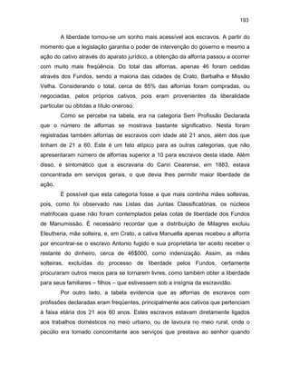 193

A liberdade tornou-se um sonho mais acessível aos escravos. A partir do
momento que a legislação garantia o poder de intervenção do governo e mesmo a
ação do cativo através do aparato jurídico, a obtenção da alforria passou a ocorrer
com muito mais freqüência. Do total das alforrias, apenas 46 foram cedidas
através dos Fundos, sendo a maioria das cidades de Crato, Barbalha e Missão
Velha. Considerando o total, cerca de 85% das alforrias foram compradas, ou
negociadas, pelos próprios cativos, pois eram provenientes da liberalidade
particular ou obtidas a título oneroso.
Como se percebe na tabela, era na categoria Sem Profissão Declarada
que o número de alforrias se mostrava bastante significativo. Nesta foram
registradas também alforrias de escravos com idade até 21 anos, além dos que
tinham de 21 a 60. Este é um fato atípico para as outras categorias, que não
apresentaram número de alforrias superior a 10 para escravos desta idade. Além
disso, é sintomático que a escravaria do Cariri Cearense, em 1883, estava
concentrada em serviços gerais, o que devia lhes permitir maior liberdade de
ação.
É possível que esta categoria fosse a que mais continha mães solteiras,
pois, como foi observado nas Listas das Juntas Classificatórias, os núcleos
matrifocais quase não foram contemplados pelas cotas de liberdade dos Fundos
de Manumissão. É necessário recordar que a distribuição de Milagres excluiu
Eleutheria, mãe solteira, e, em Crato, a cativa Manuella apenas recebeu a alforria
por encontrar-se o escravo Antonio fugido e sua proprietária ter aceito receber o
restante do dinheiro, cerca de 46$000, como indenização. Assim, as mães
solteiras, excluídas do processo de liberdade pelos Fundos, certamente
procuraram outros meios para se tornarem livres, como também obter a liberdade
para seus familiares – filhos – que estivessem sob a insígnia da escravidão.
Por outro lado, a tabela evidencia que as alforrias de escravos com
profissões declaradas eram freqüentes, principalmente aos cativos que pertenciam
à faixa etária dos 21 aos 60 anos. Estes escravos estavam diretamente ligados
aos trabalhos domésticos no meio urbano, ou de lavoura no meio rural, onde o
pecúlio era tomado concomitante aos serviços que prestava ao senhor quando

 