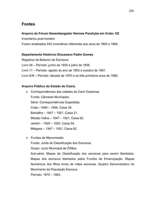 230

Fontes
Arquivo do Fórum Desembargador Hermes Parahyba em Crato- CE
Inventários post-mortem.
Foram analisados 442 inventários referentes aos anos de 1800 a 1884.

Departamento Histórico Diocesano Padre Gomes
Registros de Batismo de Escravos
Livro 04 – Período: junho de 1855 a julho de 1858.
Livro 11 – Período: agosto do ano de 1855 a outubro de 1861.
Livro S/N – Período: década de 1870 e os três primeiros anos de 1880.

Arquivo Público do Estado do Ceará.
•

Correspondências das cidades do Cariri Cearense
Fundo: Câmaras Municipais.
Série: Correspondências Expedidas.
Crato –1846 – 1856, Caixa 34.
Barbalha – 1847 – 1921, Caixa 21.
Missão Velha – 1947 – 1921, Caixa 62.
Jardim – 1829 – 1820, Caixa 54.
Milagres – 1947 – 1921, Caixa 62.

•

Fundos de Manumissão
Fundo: Junta de Classificação dos Escravos.
Grupo: Juízo Municipal de Órfãos.
Sub-série: Mapas de Classificação dos escravos para serem libertados.
Mapas dos escravos libertados pelos Fundos de Emancipação. Mapas
Numéricos dos filhos livres de mães escravas. Quadro Demonstrativo do
Movimento da População Escrava.
Período: 1870 – 1883.

 