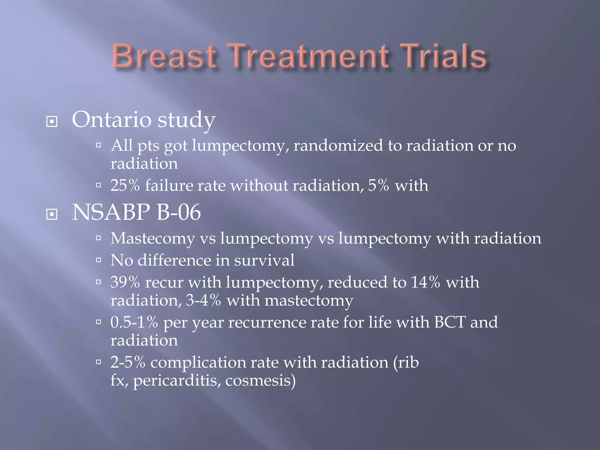 Breast Treatment TrialsOntario studyAll pts got lumpectomy, randomized to radiation or no radiation25% failure rate without radiation, 5% withNSABP B-06Mastecomyvs lumpectomy vs lumpectomy with radiationNo difference in survival39% recur with lumpectomy, reduced to 14% with radiation, 3-4% with mastectomy0.5-1% per year recurrence rate for life with BCT and radiation2-5% complication rate with radiation (rib fx, pericarditis, cosmesis)