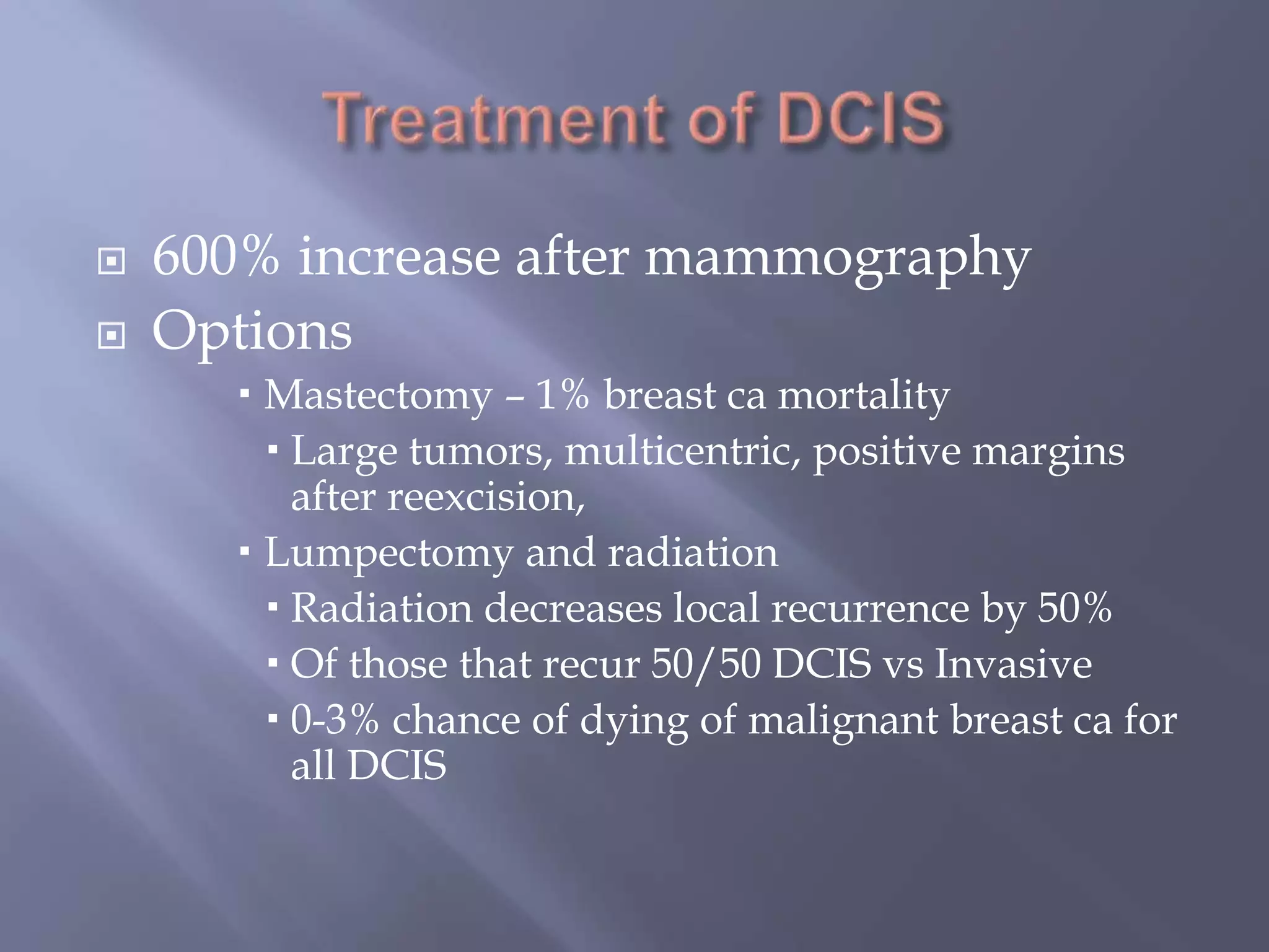 Treatment of DCIS600% increase after mammographyOptionsMastectomy – 1% breast ca mortalityLarge tumors, multicentric, positive margins after reexcision, Lumpectomy and radiationRadiation decreases local recurrence by 50%Of those that recur 50/50 DCIS vs Invasive0-3% chance of dying of malignant breast ca for all DCIS