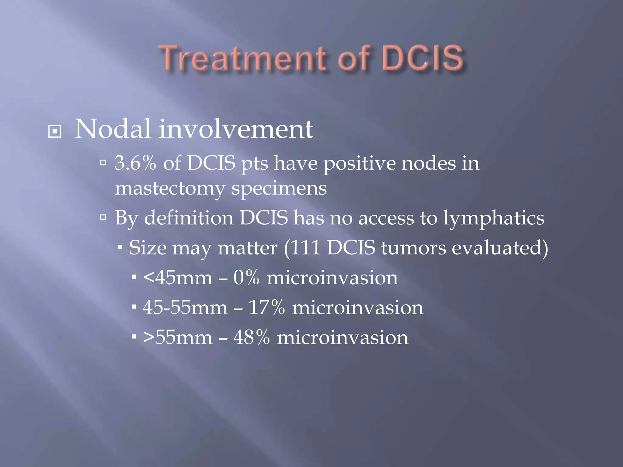 Treatment of DCISNodal involvement3.6% of DCIS pts have positive nodes in mastectomy specimensBy definition DCIS has no access to lymphaticsSize may matter (111 DCIS tumors evaluated)<45mm – 0% microinvasion45-55mm – 17% microinvasion>55mm – 48% microinvasion