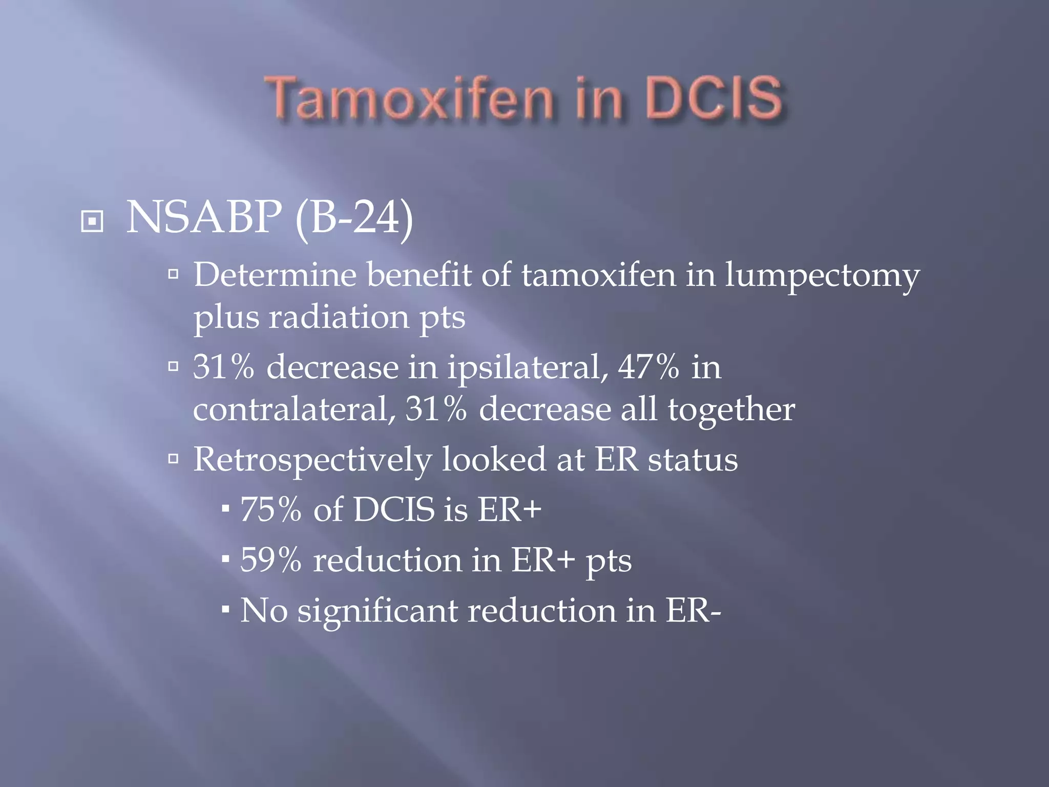 Tamoxifen in DCISNSABP (B-24)Determine benefit of tamoxifen in lumpectomy plus radiation pts31% decrease in ipsilateral, 47% in contralateral, 31% decrease all together Retrospectively looked at ER status75% of DCIS is ER+59% reduction in ER+ ptsNo significant reduction in ER-