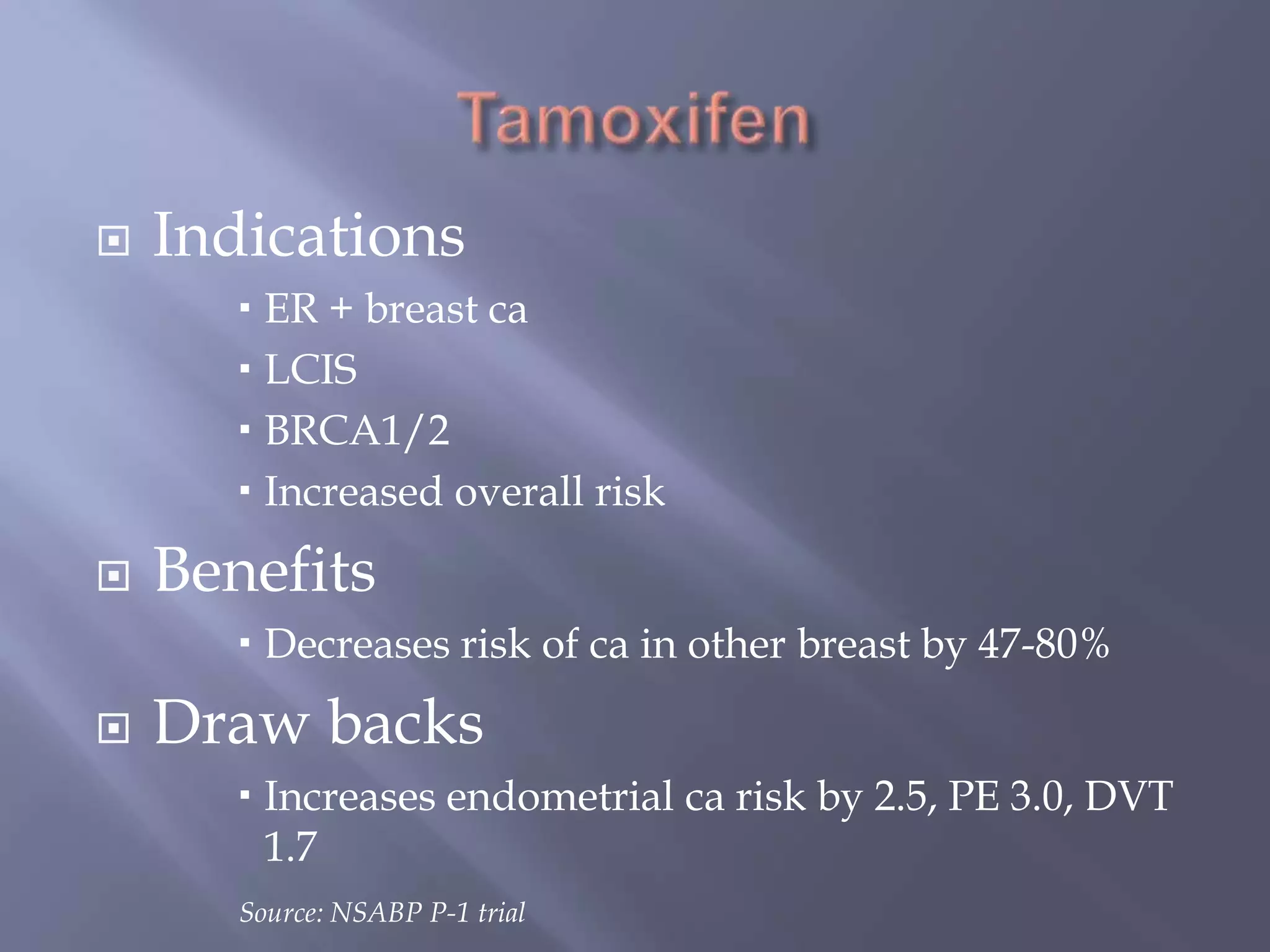 TamoxifenIndicationsER + breast caLCISBRCA1/2Increased overall riskBenefitsDecreases risk of ca in other breast by 47-80% Draw backsIncreases endometrial ca risk by 2.5, PE 3.0, DVT 1.7Source: NSABP P-1 trial