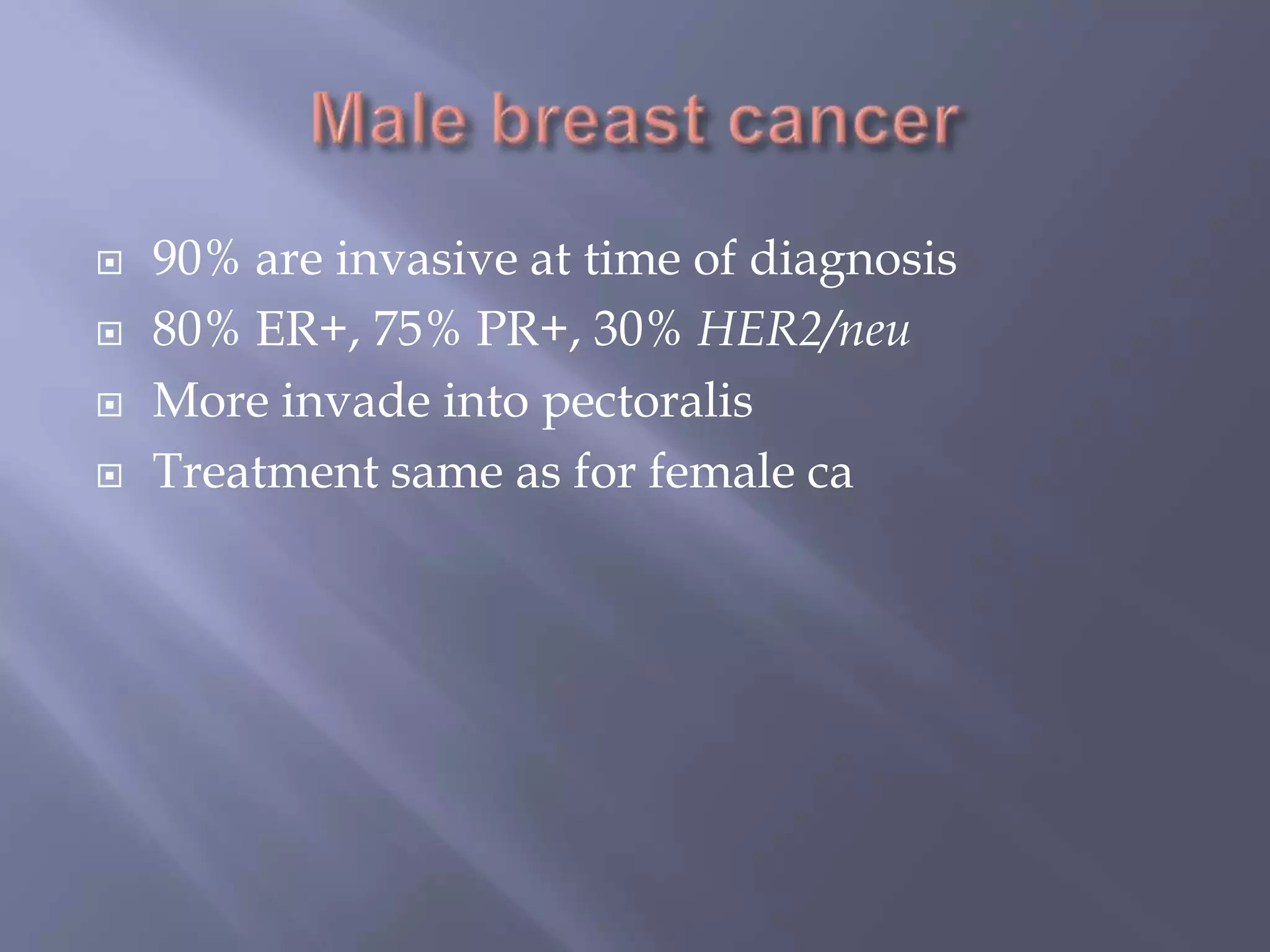 Male breast cancer90% are invasive at time of diagnosis80% ER+, 75% PR+, 30% HER2/neuMore invade into pectoralisTreatment same as for female ca