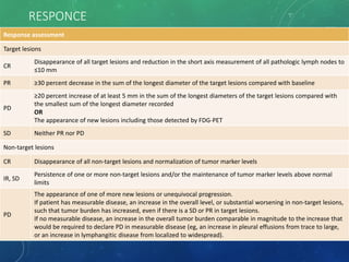 RESPONCE
Response assessment
Target lesions
CR
Disappearance of all target lesions and reduction in the short axis measurement of all pathologic lymph nodes to
≤10 mm
PR ≥30 percent decrease in the sum of the longest diameter of the target lesions compared with baseline
PD
≥20 percent increase of at least 5 mm in the sum of the longest diameters of the target lesions compared with
the smallest sum of the longest diameter recorded
OR
The appearance of new lesions including those detected by FDG-PET
SD Neither PR nor PD
Non-target lesions
CR Disappearance of all non-target lesions and normalization of tumor marker levels
IR, SD
Persistence of one or more non-target lesions and/or the maintenance of tumor marker levels above normal
limits
PD
The appearance of one of more new lesions or unequivocal progression.
If patient has measurable disease, an increase in the overall level, or substantial worsening in non-target lesions,
such that tumor burden has increased, even if there is a SD or PR in target lesions.
If no measurable disease, an increase in the overall tumor burden comparable in magnitude to the increase that
would be required to declare PD in measurable disease (eg, an increase in pleural effusions from trace to large,
or an increase in lymphangitic disease from localized to widespread).
 