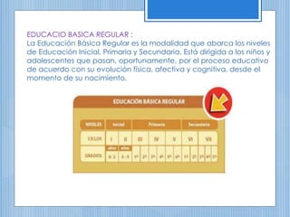 EDUCACIO BASICA REGULAR :
La Educación Básica Regular es la modalidad que abarca los niveles
de Educación Inicial, Primaria y Secundaria. Está dirigida a los niños y
adolescentes que pasan, oportunamente, por el proceso educativo
de acuerdo con su evolución física, afectiva y cognitiva, desde el
momento de su nacimiento.
 