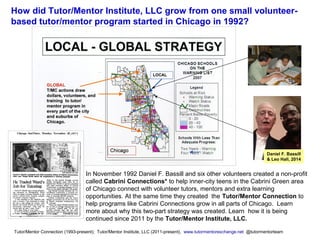 Tutor/Mentor Connection (1993-present); Tutor/Mentor Institute, LLC (2011-present), www.tutormentorexchange.net @tutormentorteam
In November 1992 Daniel F. Bassill and six other volunteers created a non-profit
called Cabrini Connections* to help inner-city teens in the Cabrini Green area
of Chicago connect with volunteer tutors, mentors and extra learning
opportunities. At the same time they created the Tutor/Mentor Connection to
help programs like Cabrini Connections grow in all parts of Chicago. Learn
more about why this two-part strategy was created. Learn how it is being
continued since 2011 by the Tutor/Mentor Institute, LLC.
How did Tutor/Mentor Institute, LLC grow from one small volunteer-
based tutor/mentor program started in Chicago in 1992?
Daniel F. Bassill
& Leo Hall, 2014
 