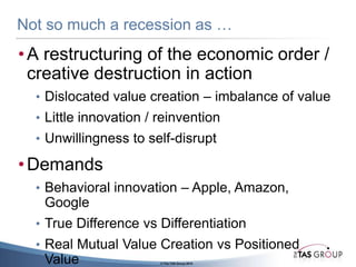 Not so much a recession as …A restructuring of the economic order / creative destruction in actionDislocated value creation – imbalance of valueLittle innovation / reinventionUnwillingness to self-disruptDemands