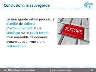 Conclusion : la sauvegarde


  La sauvegarde est un processus
  planifié de collecte,
  d’acheminement et de
  stockage sur le court terme
  d’un ensemble de données
  dynamiques en vue d’une
  restauration.




Les défis de l’archivage numérique   © CABSIS Consulting Ltd - 2012   19
 