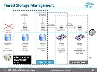 Tiered Storage Management




 Création
 d’un Stub




             RÉPLICATION
             SNAPSHOT
             CDP                     SAUVEGARDE                               ARCHIVAGE


Les défis de l’archivage numérique           © CABSIS Consulting Ltd - 2012               33
 