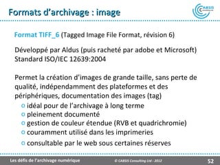 Formats d’archivage : image

  Format TIFF_6 (Tagged Image File Format, révision 6)
  Développé par Aldus (puis racheté par adobe et Microsoft)
  Standard ISO/IEC 12639:2004

  Permet la création d’images de grande taille, sans perte de
  qualité, indépendamment des plateformes et des
  périphériques, documentation des images (tag)
    o idéal pour de l’archivage à long terme
    o pleinement documenté
    o gestion de couleur étendue (RVB et quadrichromie)
    o couramment utilisé dans les imprimeries
    o consultable par le web sous certaines réserves

Les défis de l’archivage numérique   © CABSIS Consulting Ltd - 2012   52
 