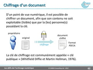 Chiffrage d’un document

  D’un point de vue numérique, il est possible de
  chiffrer un document, afin que son contenu ne soit
  exploitable (lisible) que par la (les) personne(s)
  possédant la clé.

    propriétaire
                                                          document
                    original                               chiffré
                                                                              Format
                                     chiffrage                                PDF/A


  La clé de chiffrage est communément appelée « clé
  publique » (Whitfield Diffie et Martin Hellman, 1976).

Les défis de l’archivage numérique           © CABSIS Consulting Ltd - 2012            62
 