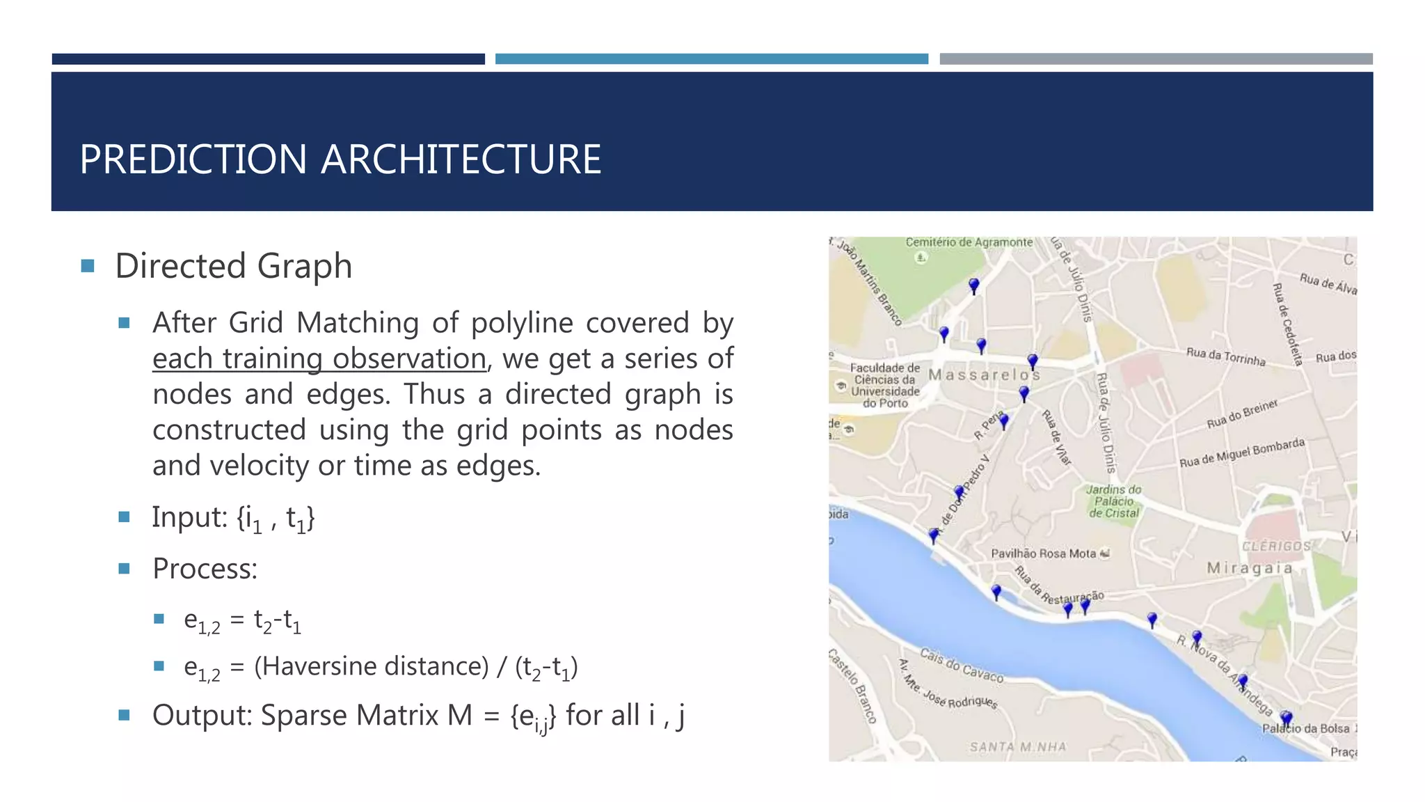 PREDICTION ARCHITECTURE
 Directed Graph
 After Grid Matching of polyline covered by
each training observation, we get a series of
nodes and edges. Thus a directed graph is
constructed using the grid points as nodes
and velocity or time as edges.
 Input: {i1 , t1}
 Process:
 e1,2 = t2-t1
 e1,2 = (Haversine distance) / (t2-t1)
 Output: Sparse Matrix M = {ei,j} for all i , j
 