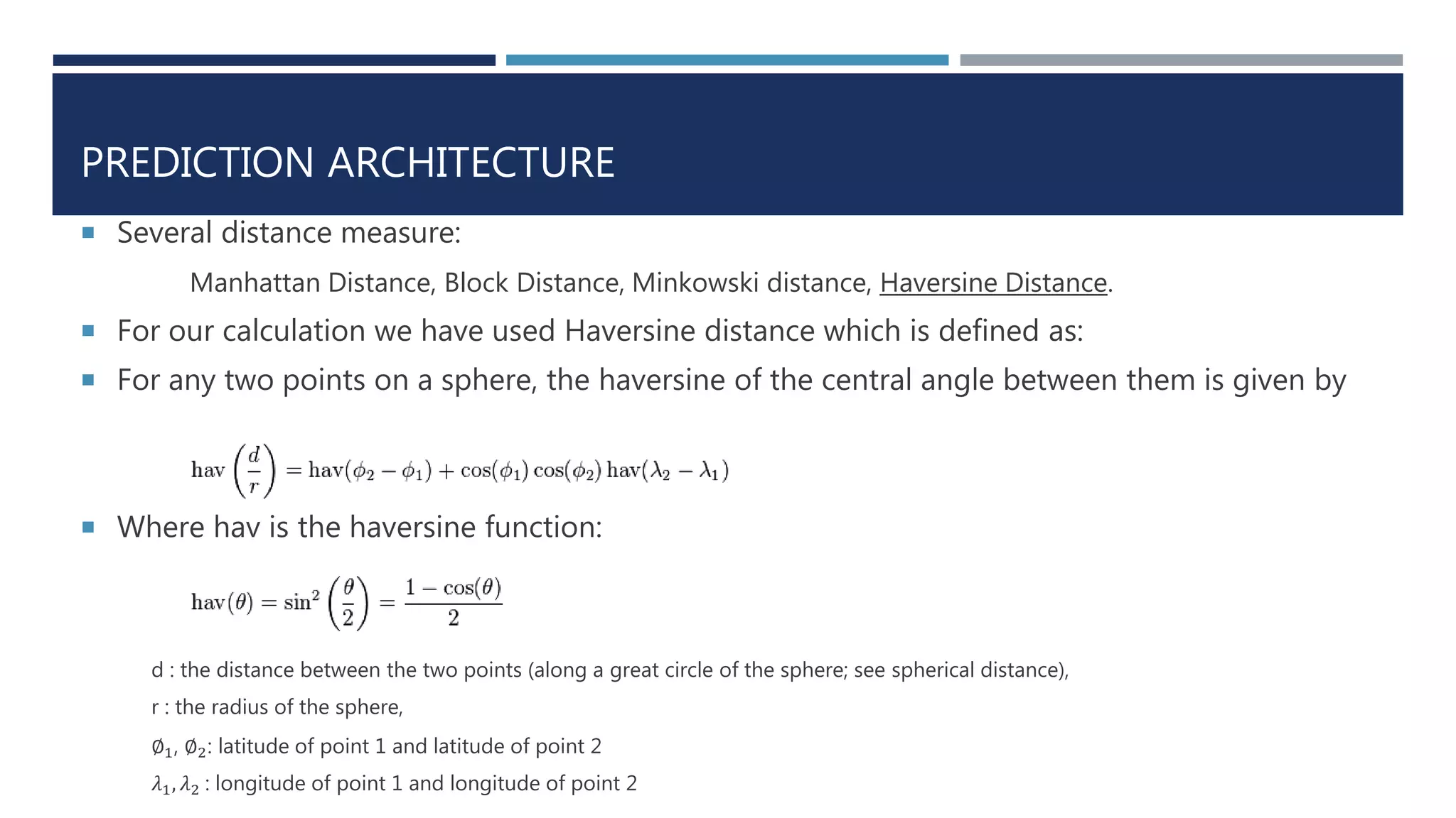 PREDICTION ARCHITECTURE
 Several distance measure:
Manhattan Distance, Block Distance, Minkowski distance, Haversine Distance.
 For our calculation we have used Haversine distance which is defined as:
 For any two points on a sphere, the haversine of the central angle between them is given by
 Where hav is the haversine function:
d : the distance between the two points (along a great circle of the sphere; see spherical distance),
r : the radius of the sphere,
∅1, ∅2: latitude of point 1 and latitude of point 2
𝜆1, 𝜆2 : longitude of point 1 and longitude of point 2
 