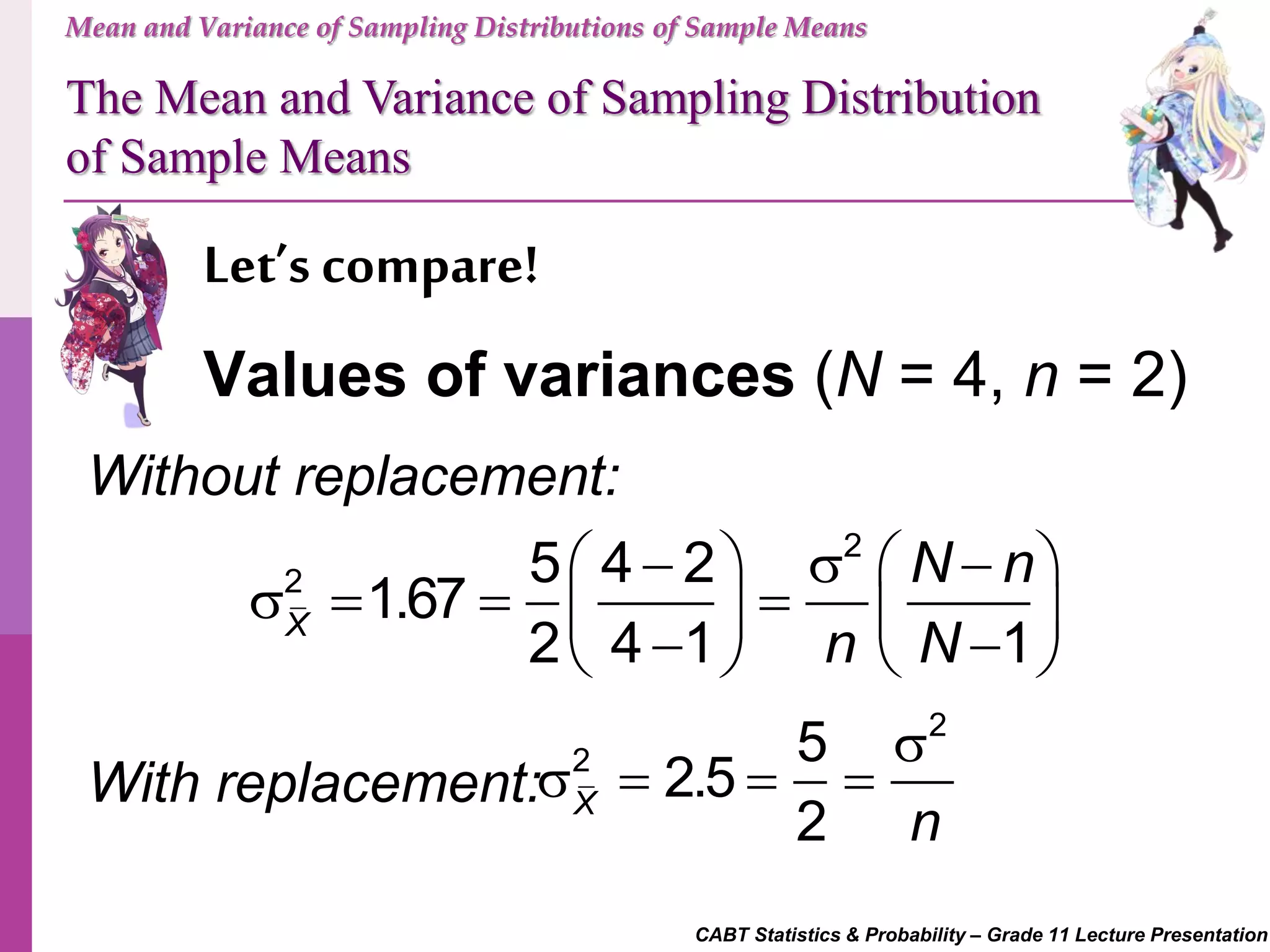 CABT Statistics & Probability – Grade 11 Lecture Presentation
Let’s compare!
Mean and Variance of Sampling Distributions of Sample Means
Values of variances (N = 4, n = 2)
The Mean and Variance of Sampling Distribution
of Sample Means
Without replacement:
2
2 5 4 2
1.67
2 4 1 1X
N n
n N
      
          
With replacement:
2
2 5
2.5
2X
n

   
 