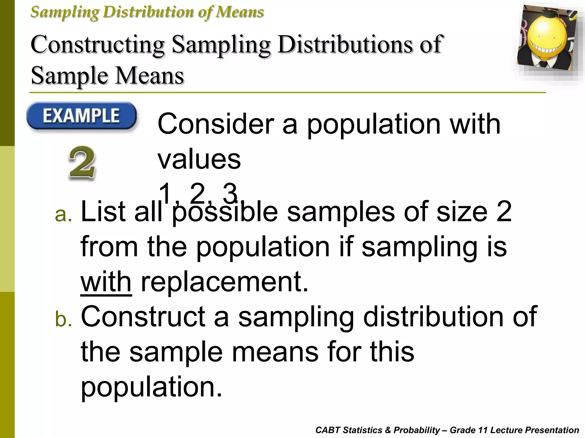 Constructing Sampling Distributions of
Sample Means
CABT Statistics & Probability – Grade 11 Lecture Presentation
Sampling Distribution of Means
Consider a population with
values
1, 2, 3.
a. List all possible samples of size 2
from the population if sampling is
with replacement.
b. Construct a sampling distribution of
the sample means for this
population.
 