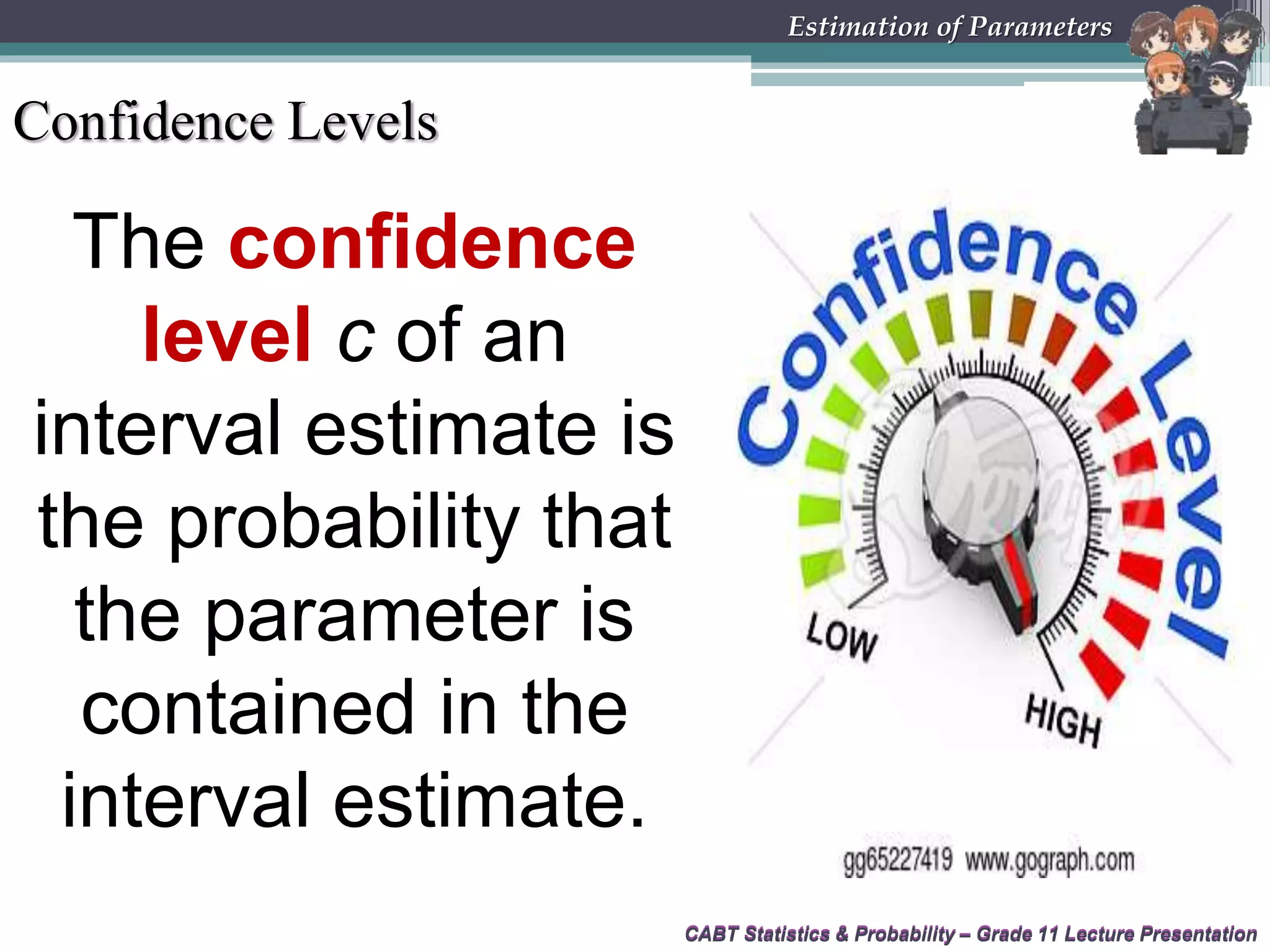 CABT Statistics &amp; Probability – Grade 11 Lecture Presentation
The confidence
level c of an
interval estimate is
the probability that
the parameter is
contained in the
interval estimate.
CABT Statistics &amp; Probability – Grade 11 Lecture Presentation
Estimation of Parameters
Confidence Levels
 