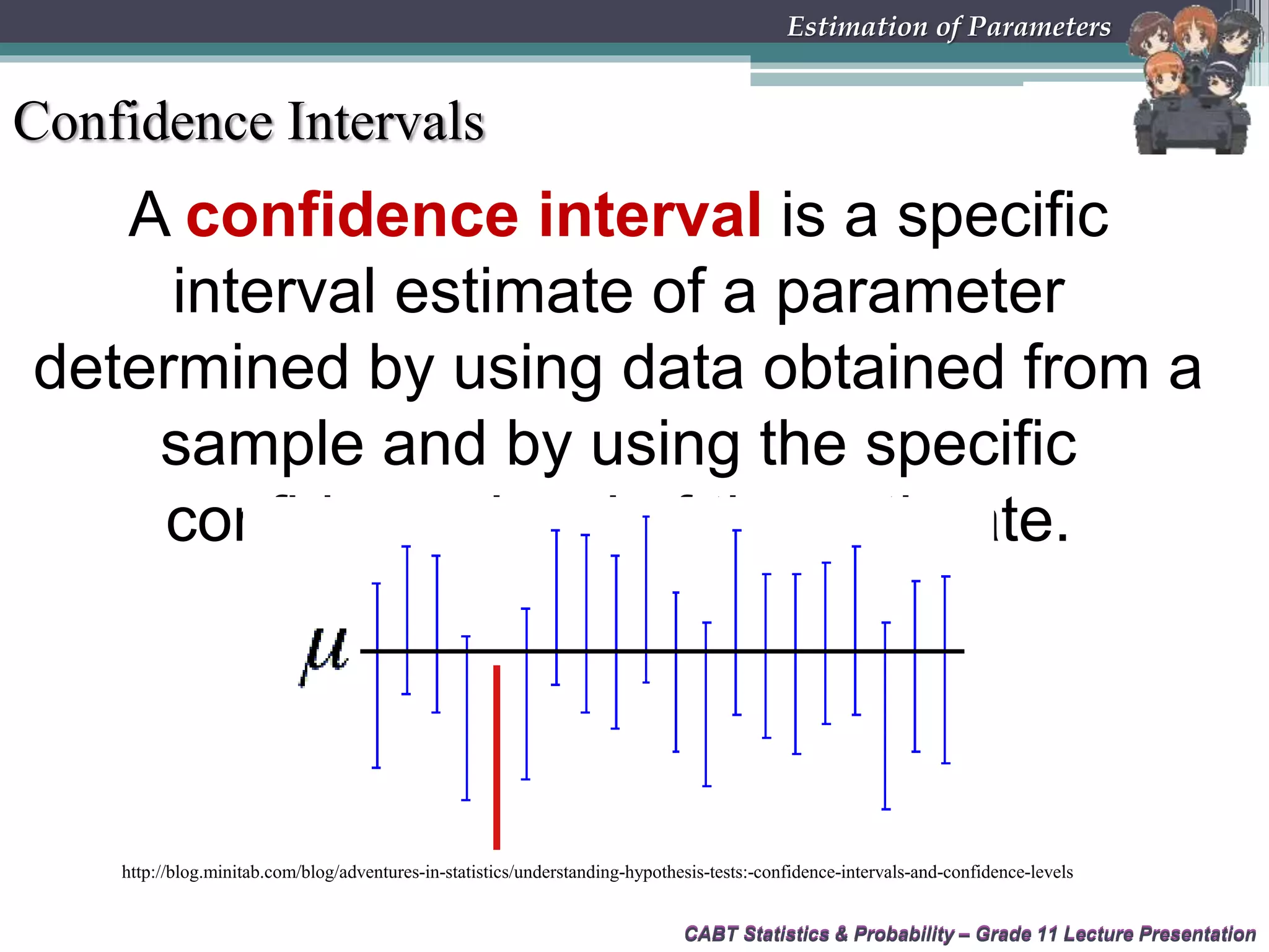 CABT Statistics &amp; Probability – Grade 11 Lecture Presentation
A confidence interval is a specific
interval estimate of a parameter
determined by using data obtained from a
sample and by using the specific
confidence level of the estimate.
CABT Statistics &amp; Probability – Grade 11 Lecture Presentation
Estimation of Parameters
Confidence Intervals
http://blog.minitab.com/blog/adventures-in-statistics/understanding-hypothesis-tests:-confidence-intervals-and-confidence-levels
 