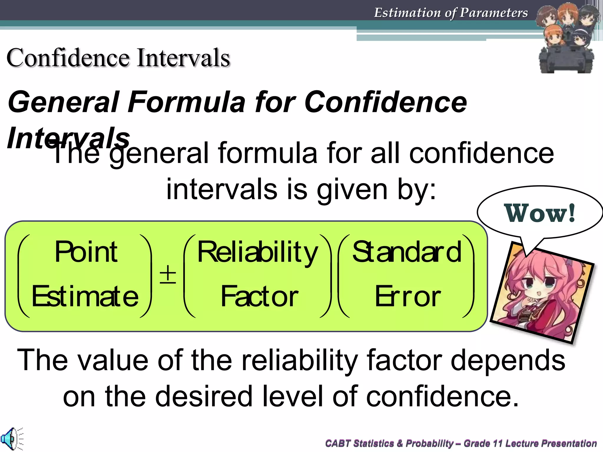 CABT Statistics &amp; Probability – Grade 11 Lecture Presentation
General Formula for Confidence
Intervals
CABT Statistics &amp; Probability – Grade 11 Lecture Presentation
Estimation of Parameters
Confidence Intervals
The general formula for all confidence
intervals is given by:
The value of the reliability factor depends
on the desired level of confidence.
Point Reliability Standard
Estimate Factor Error
    
    
    
Wow!
 