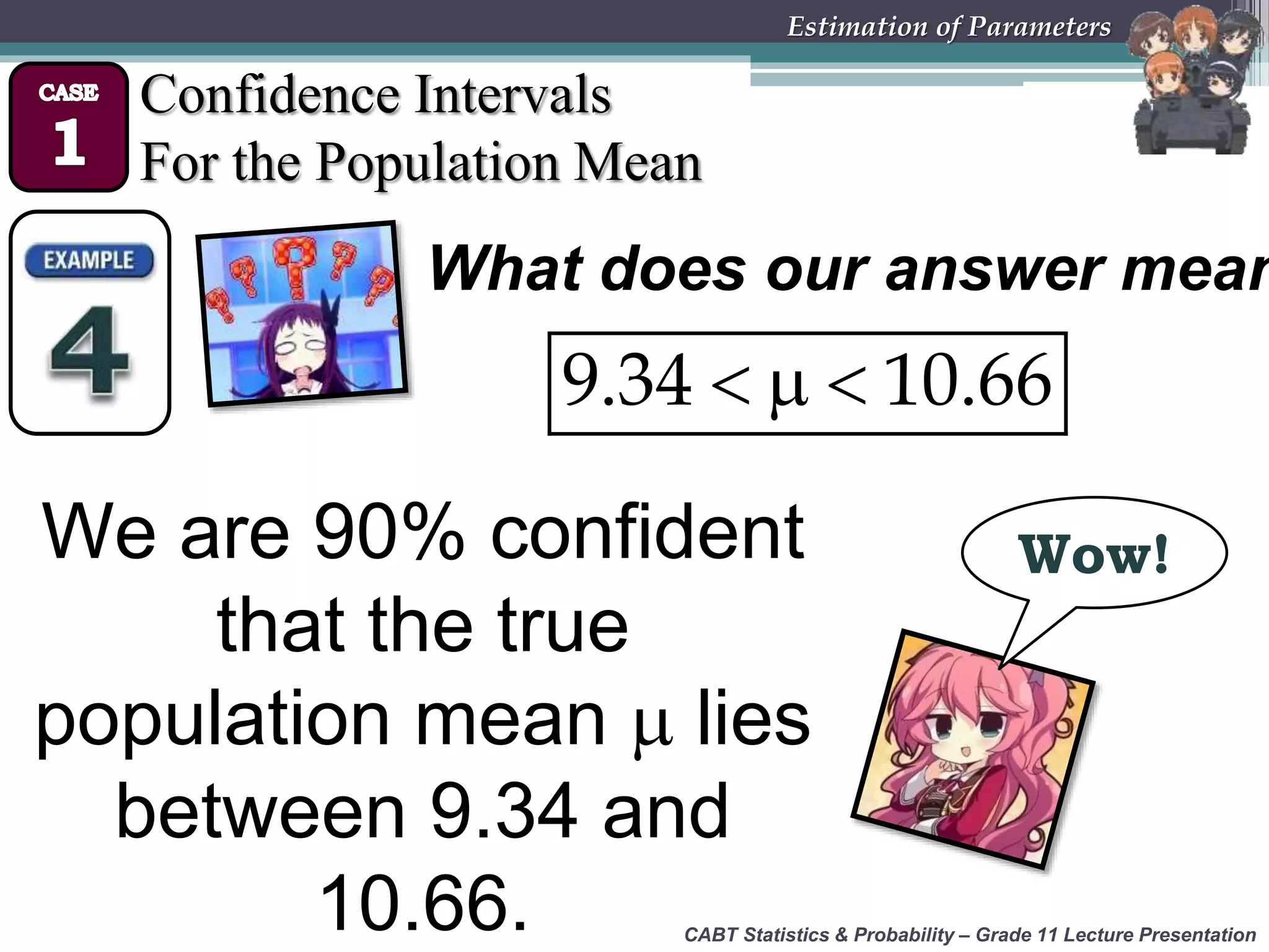 CABT Statistics &amp; Probability – Grade 11 Lecture Presentation
Estimation of Parameters
Confidence Intervals
For the Population Mean
What does our answer mean
We are 90% confident
that the true
population mean  lies
between 9.34 and
10.66.
  9.34 10.66
Wow!
 