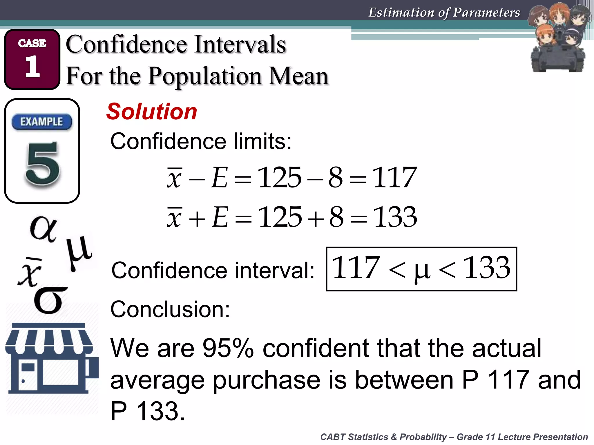 CABT Statistics &amp; Probability – Grade 11 Lecture Presentation
Estimation of Parameters
Confidence Intervals
For the Population Mean
Solution
Confidence limits:
  117 133
   125 8 117x E
Confidence interval:
   125 8 133x E
We are 95% confident that the actual
average purchase is between P 117 and
P 133.
Conclusion:
 