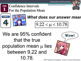 CABT Statistics & Probability – Grade 11 Lecture Presentation
Estimation of Parameters
Confidence Intervals
For the Population Mean
What does our answer mean
We are 95% confident
that the true
population mean  lies
between 9.22 and
10.78.
  9.22 10.78
Wow!
 