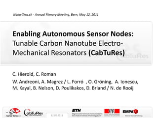 Nano‐Tera.ch ‐ Annual Plenary Meeting, Bern, May 12, 2011




Enabling Autonomous Sensor Nodes:
Tunable Carbon Nanotube Electro-
Mechanical Resonators (CabTuRes)

C. Hierold, C. Roman
W. Andreoni, A. Magrez / L. Forró , O. Gröning, A. Ionescu,
M. Kayal, B. Nelson, D. Poulikakos, D. Briand / N. de Rooij




                         12.05.2011
 